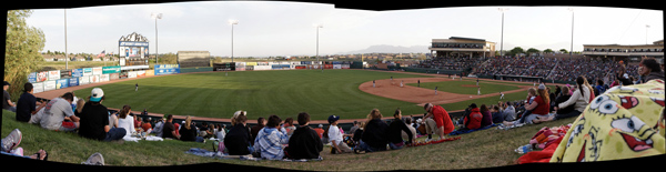 Peter Free panoramic photograph of Colorado Sky Sox game showing uncropped black spaces that stitching software will leave in the assembled panoramic.